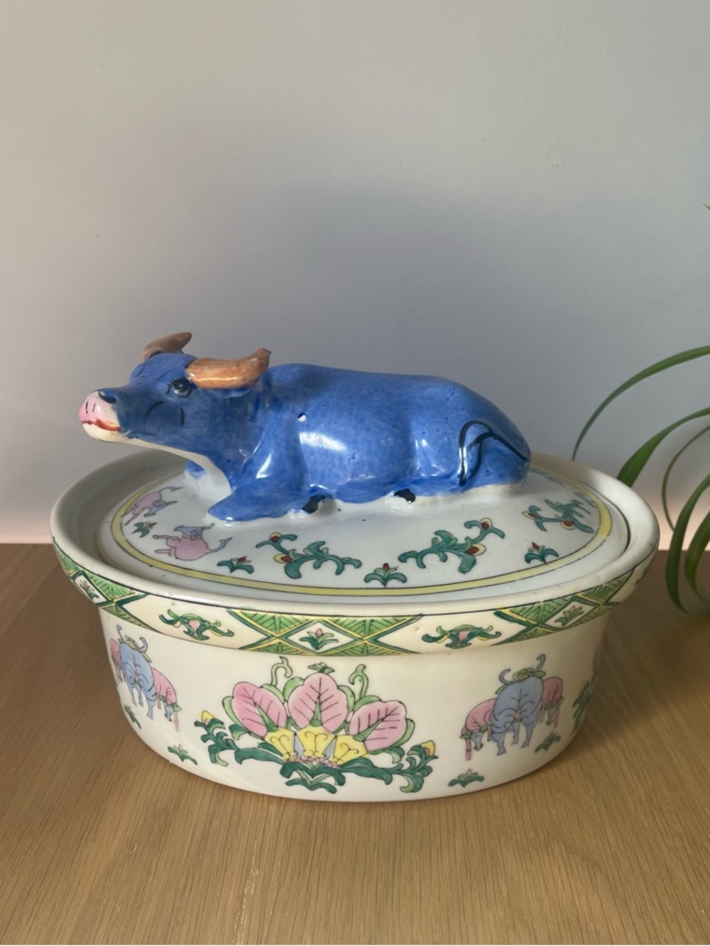 Rare Vintage Ceramic Blue Chinese Water Buffalo Ox Lidded Casserole Dish Tureen - Picture 2 of 14